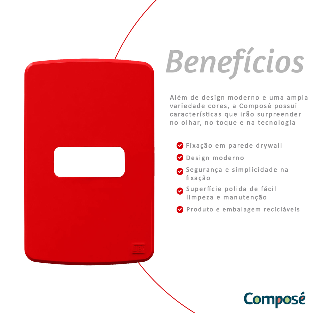 Placa Acabamento 4x2 1 Posto Horizontal Vermelho Composé 13207316 Weg