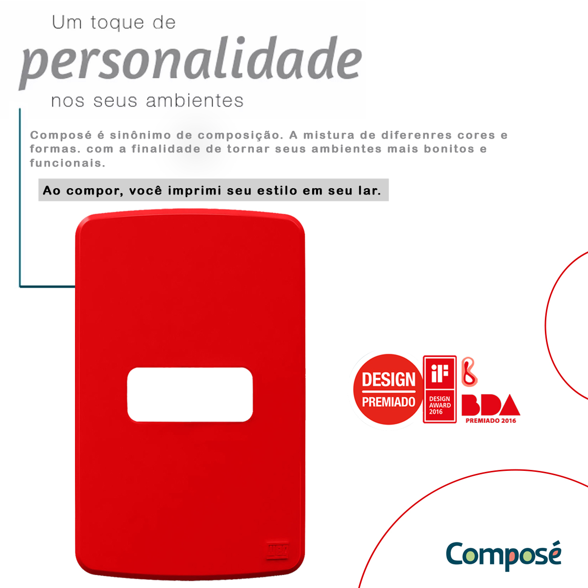 Placa Acabamento 4x2 1 Posto Horizontal Vermelho Composé 13207316 Weg