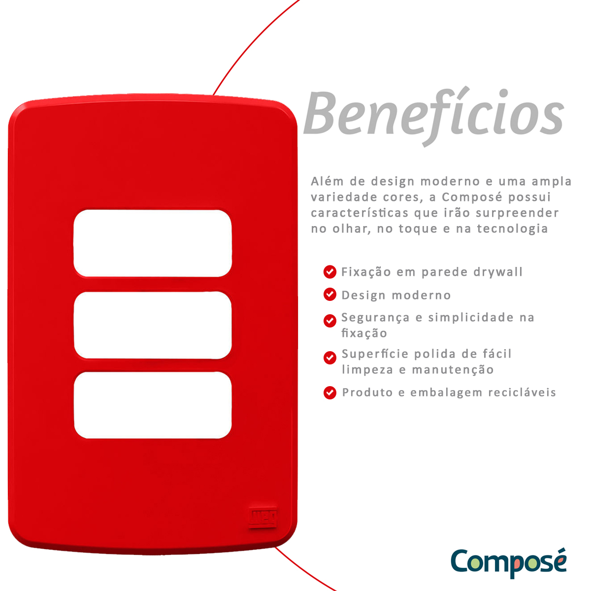 Placa Acabamento 4x2 3 Postos Vermelho Plástico Composé 13207602 Weg