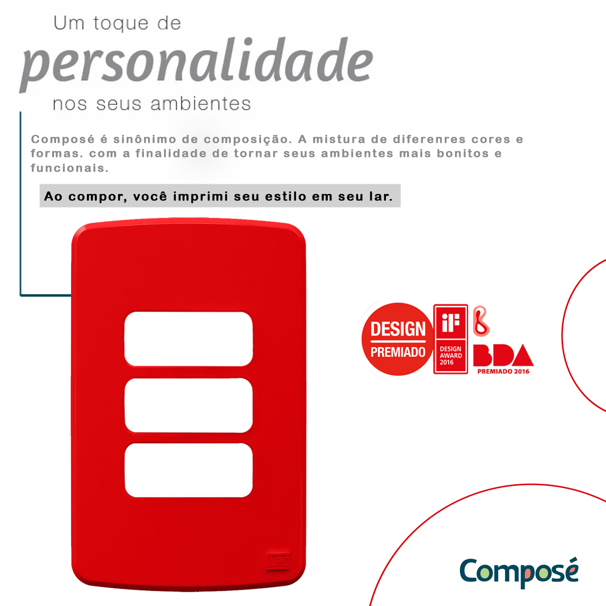 Placa Acabamento 4x2 3 Postos Vermelho Plástico Composé 13207602 Weg