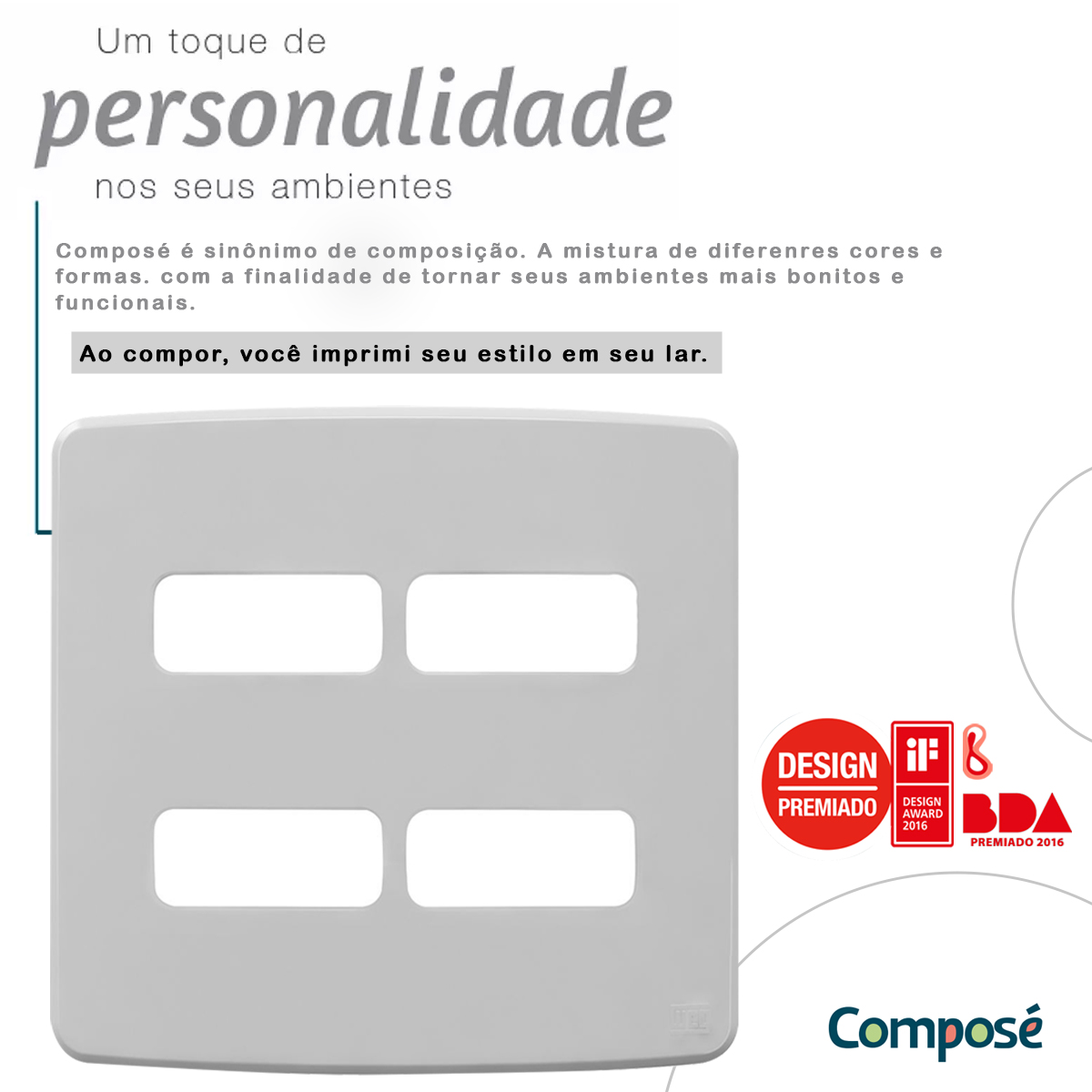 Placa Acabamento 4x4 4 Módulos 2+2 Postos Separados Cinza Composé 13208221 Weg