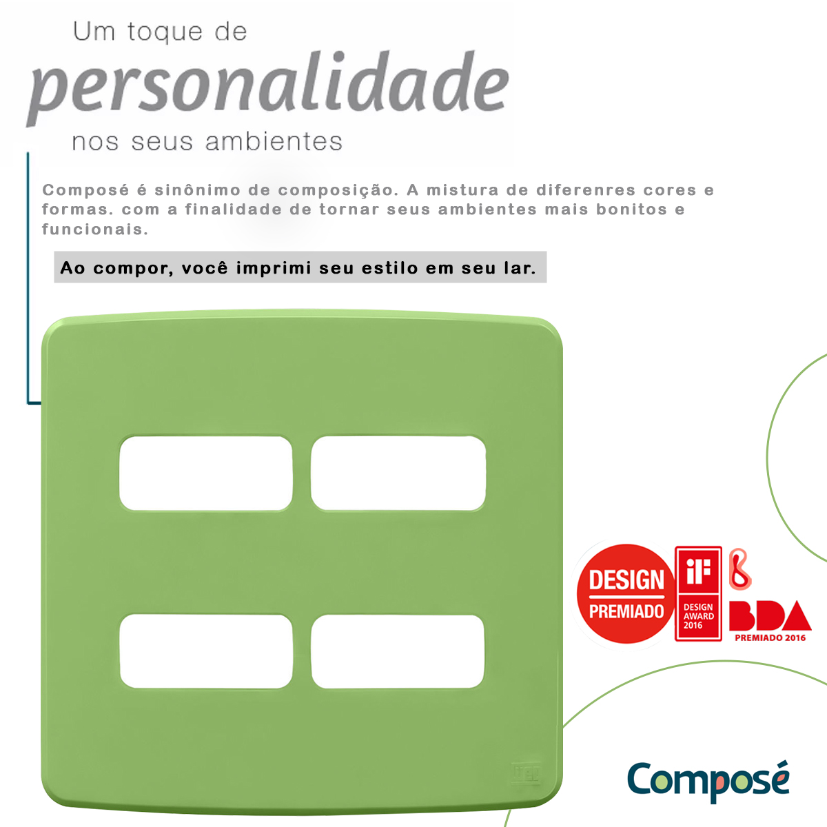 Placa Acabamento 4x4 4 Módulos 2+2 Postos Separados Verde Composé 13208224 Weg