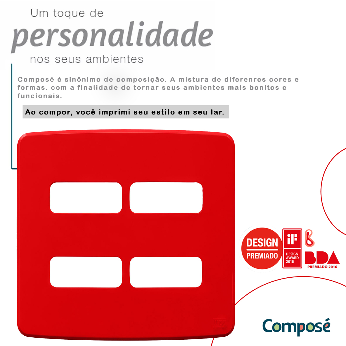 Placa Acabamento 4x4 4 Módulos 2+2 Postos Separados Vermelho Composé 13208227 Weg