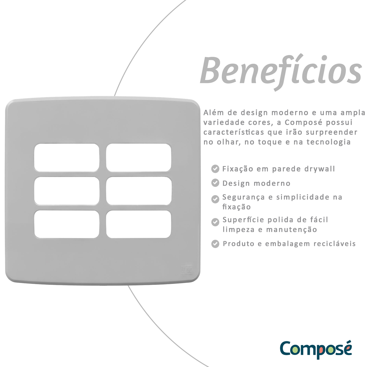 Placa Acabamento 4x4 6 Módulos 3+3 Postos Separados Cinza Composé 13208243 Weg