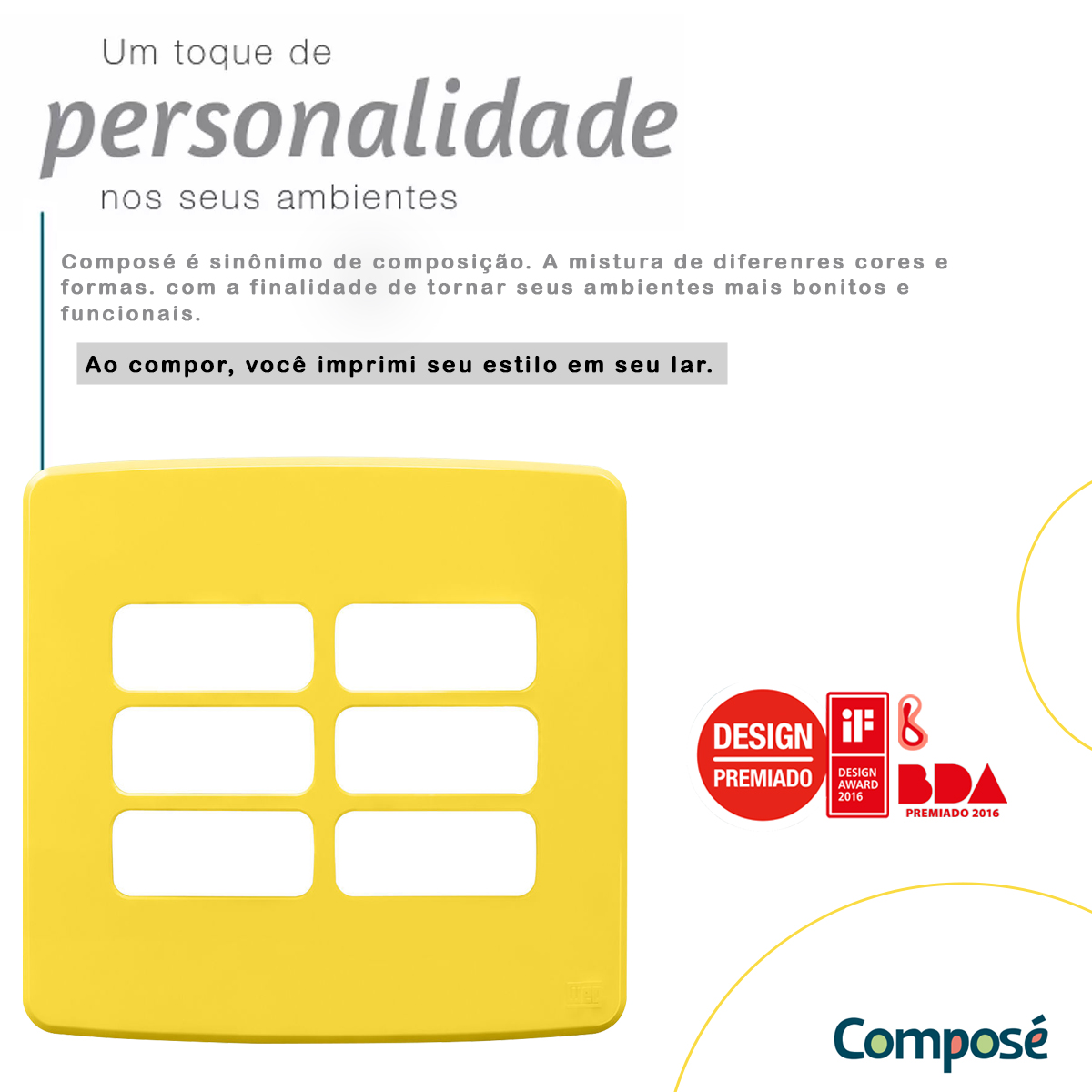 Placa Acabamento 4X4 Polegadas 6 Módulos 3+3 Postos Separados Amarelo Composé Weg