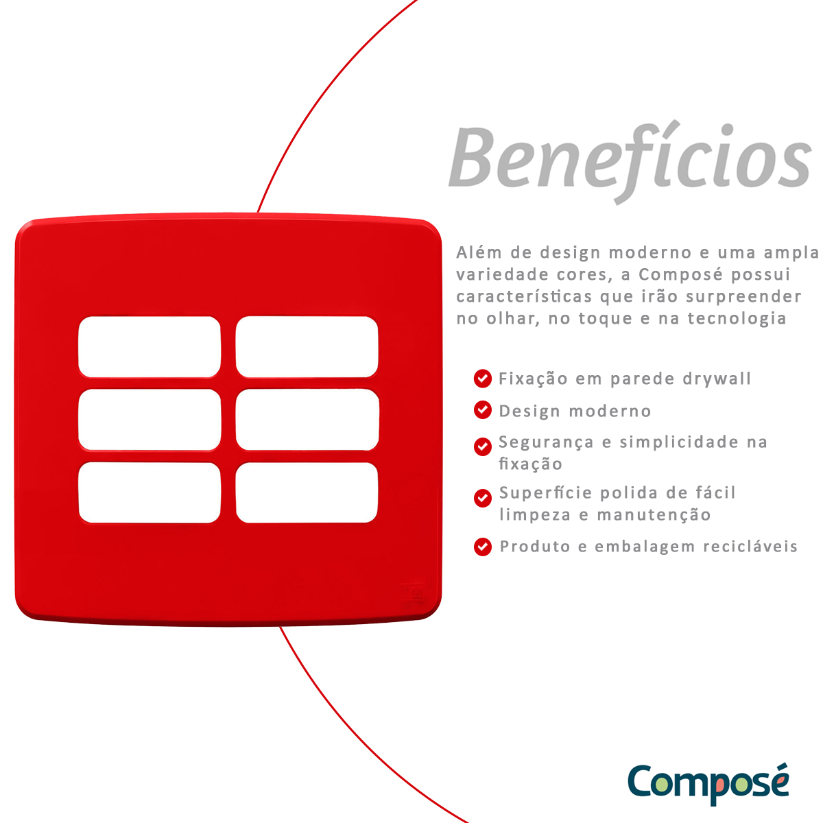 Placa Acabamento 4X4 6 Módulos 3+3 Postos Separados Vermelho Composé 13208261 Weg