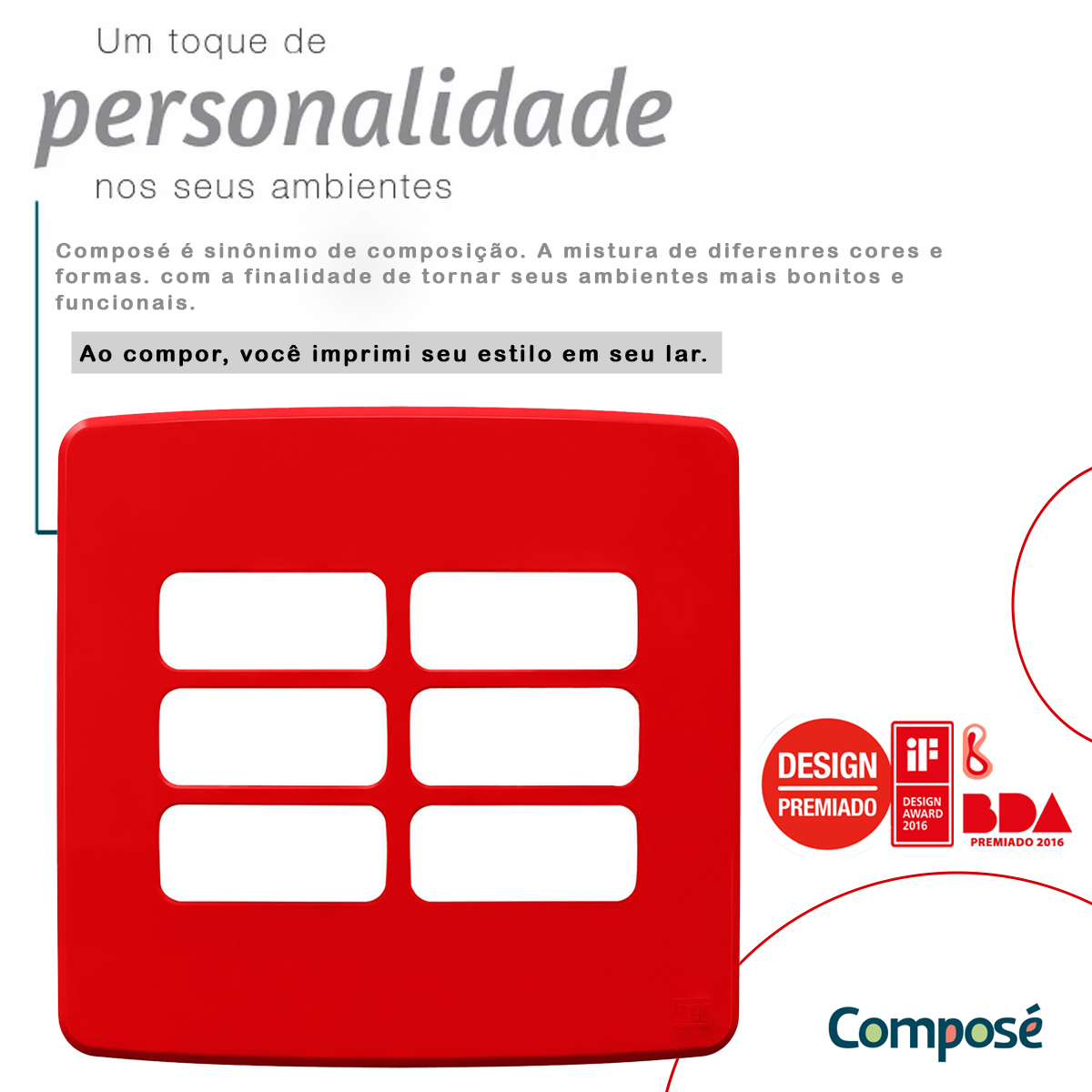 Placa Acabamento 4X4 6 Módulos 3+3 Postos Separados Vermelho Composé 13208261 Weg