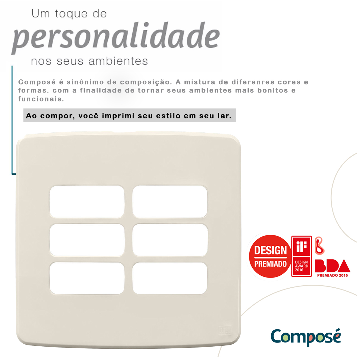 Placa Acabamento 4x4 6 Módulos 3+3 Postos Separados Marfim Composé 13272902 Weg