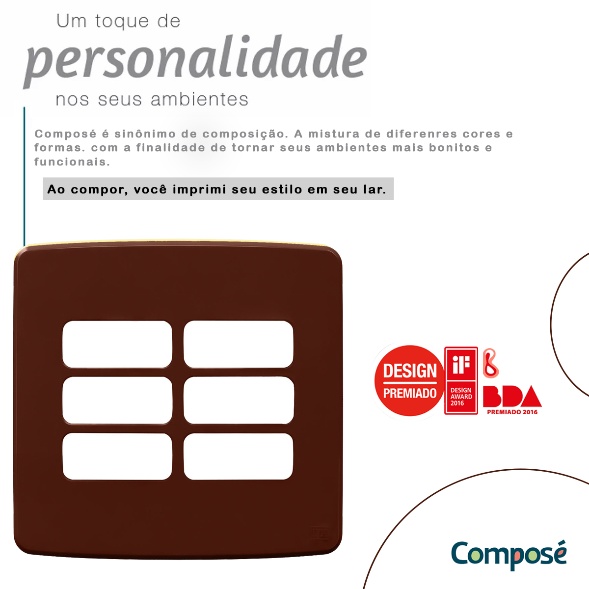 Placa Acabamento 4X4 Polegadas 6 Módulos 3+3 Postos Separados Marrom Composé Weg