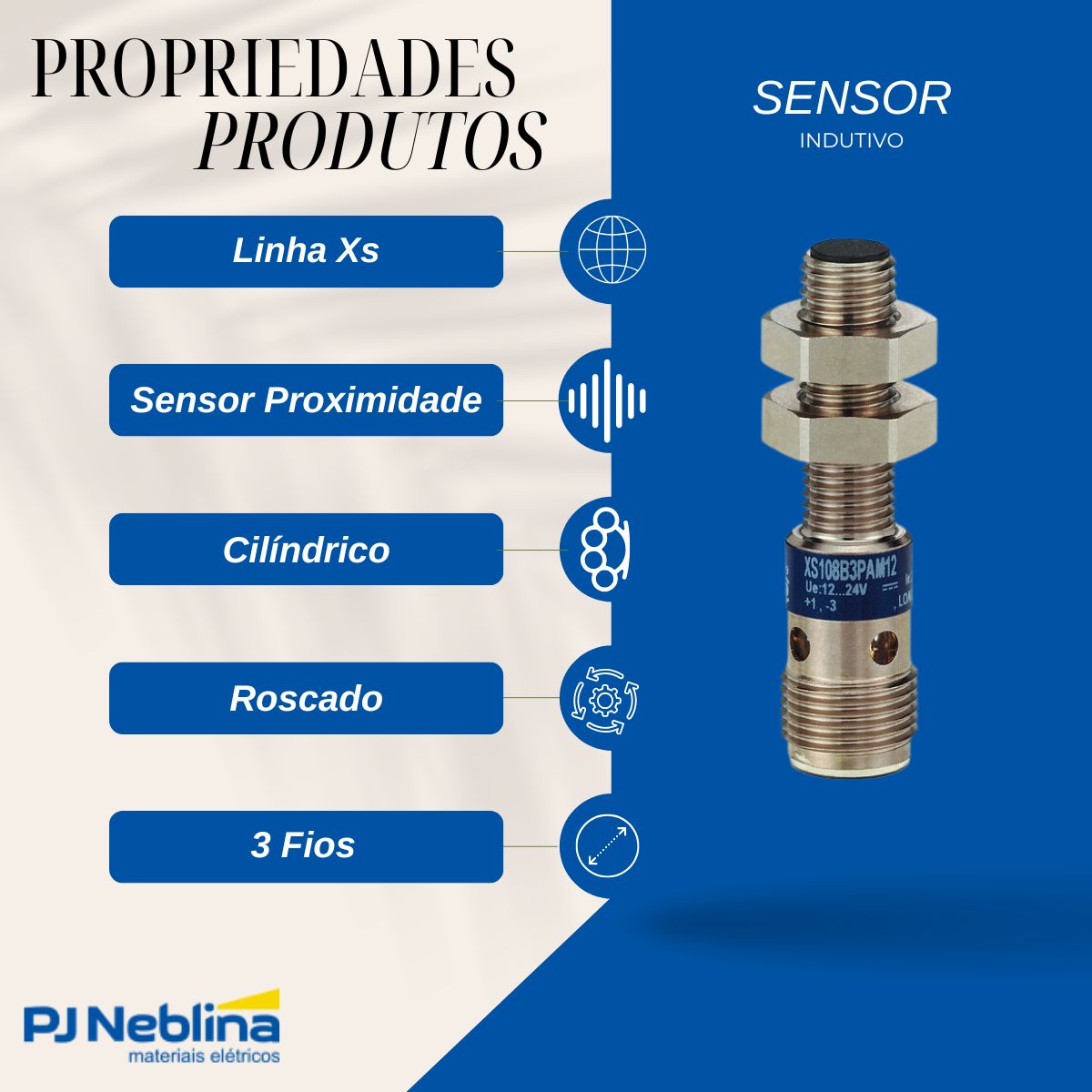 Sensor Indutivo Cilíndrico Roscado Sn=2,5Mm M8X1,00Mm Latão Niquelado 3 Fios 12-24Vcc Conector M12 4 Pinos Npn 1Na 1 Led - Telemecanique