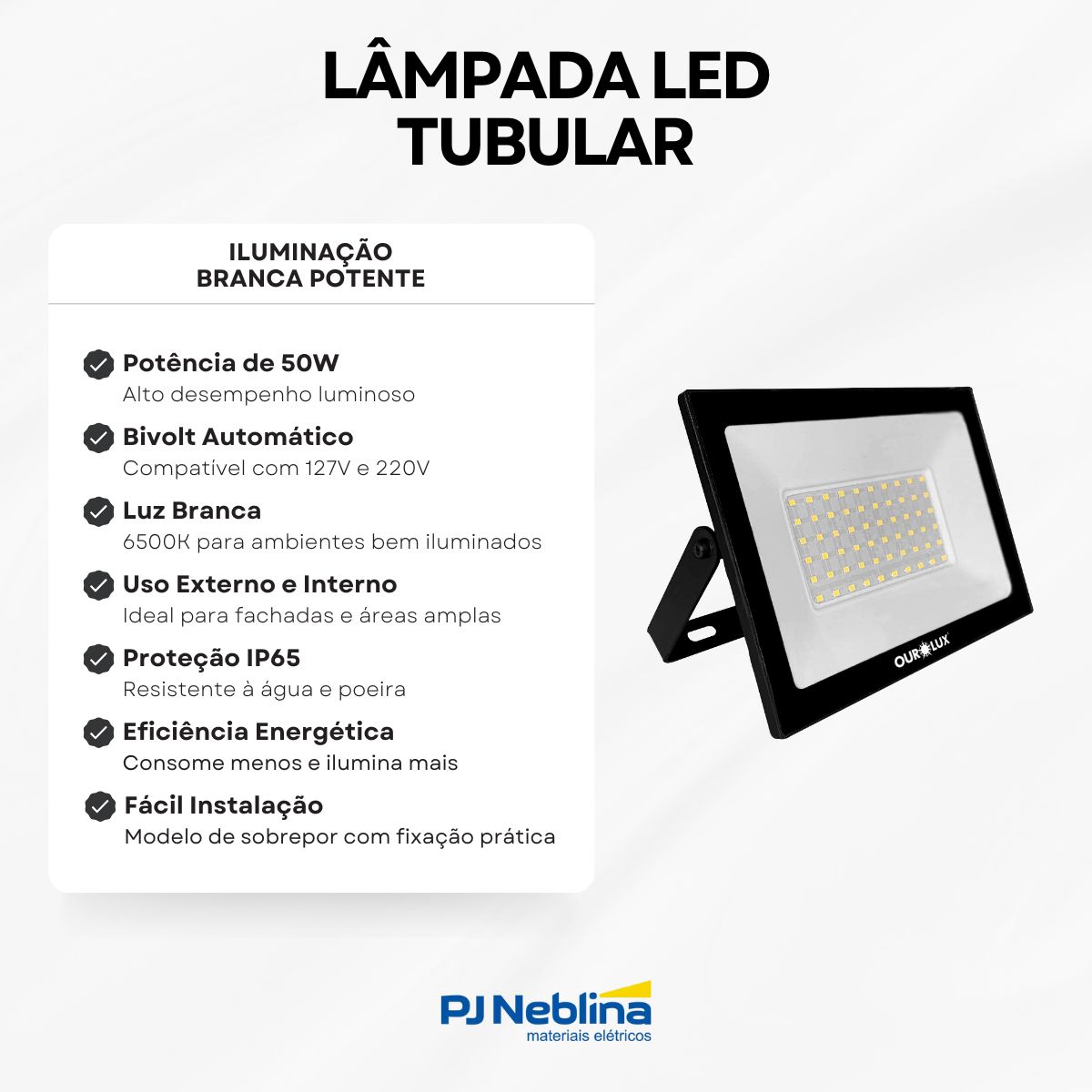 Refletor Led Quadrado Sobrepor Preto 50W Bivolt Branco Frio - Ourolux