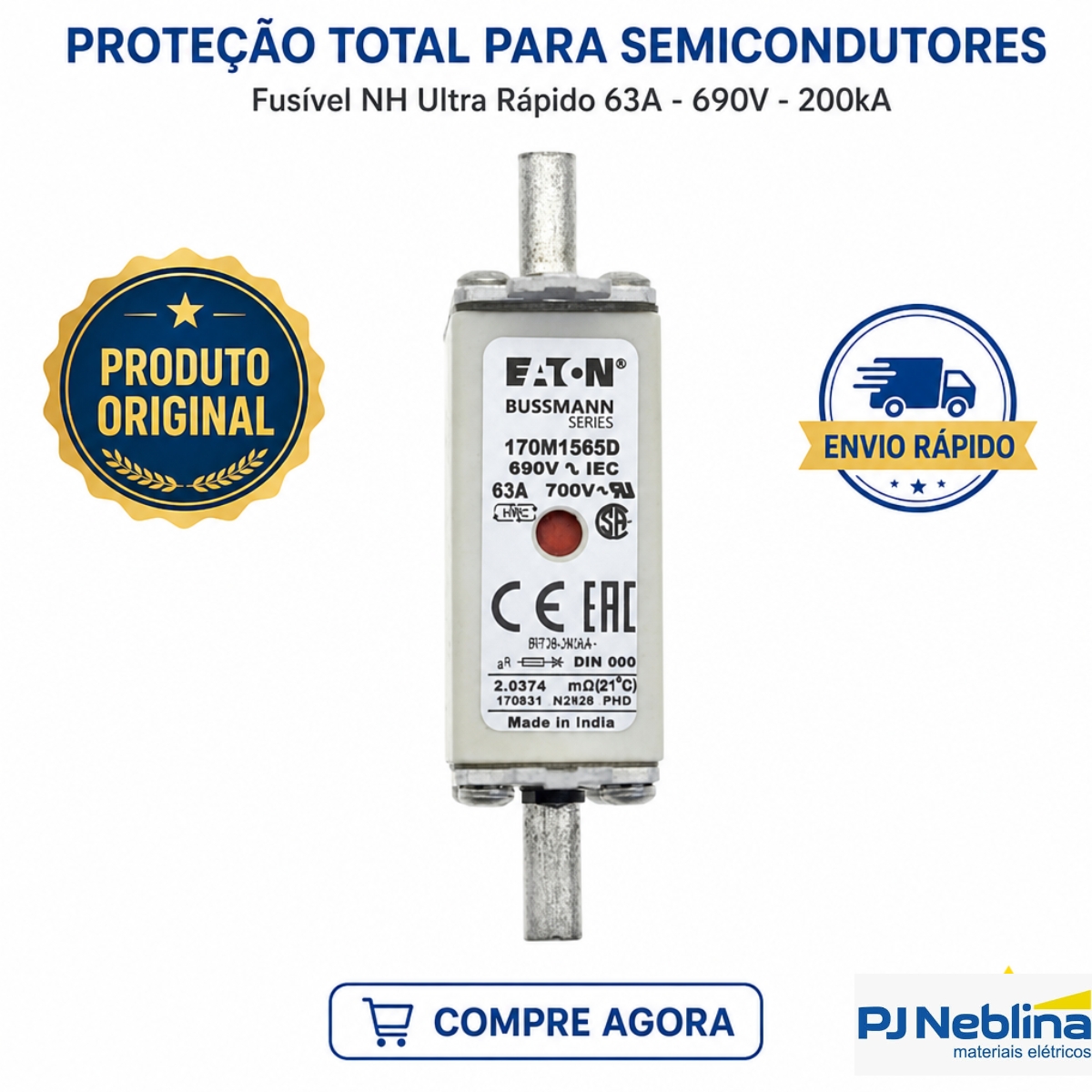 Fusível Nh Ultra Rápido Gr 63A 690V 200Ka T-000 170M1565D - Bussmann
