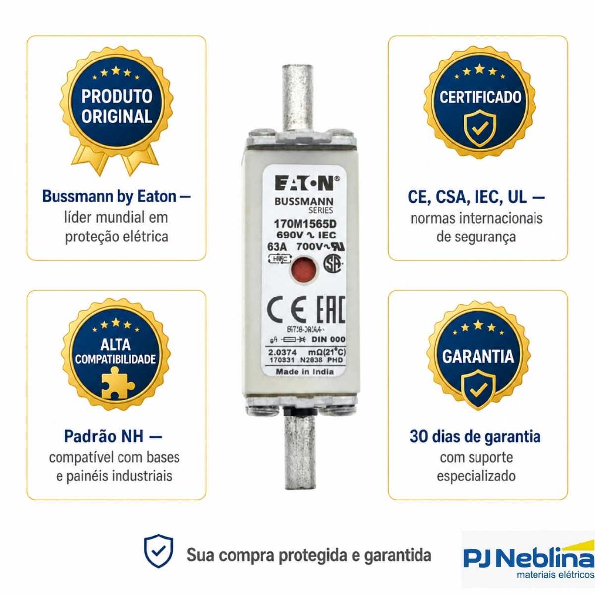 Fusível Nh Ultra Rápido Gr 63A 690V 200Ka T-000 170M1565D - Bussmann