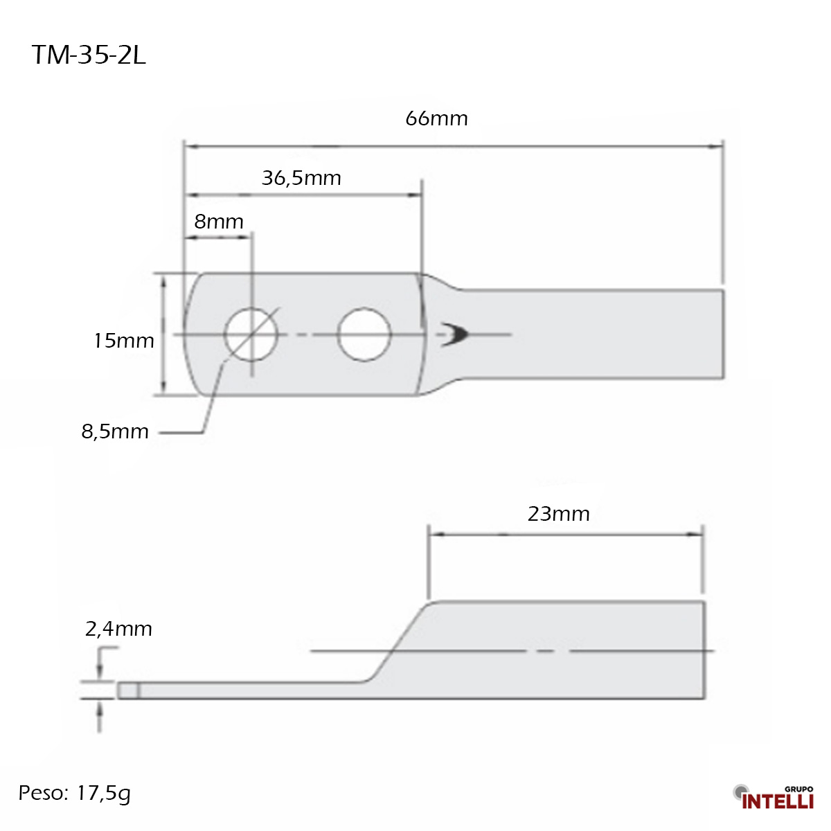 Terminal Compressão 35Mm 2 Compressão 2 Furos F=8,5Mm 5/16 M8 653 Intelli