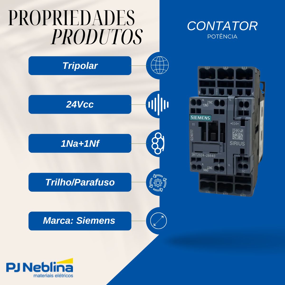 Contator Potencia Tripolar 12A 24Vcc 1Na+1Nf - Siemens