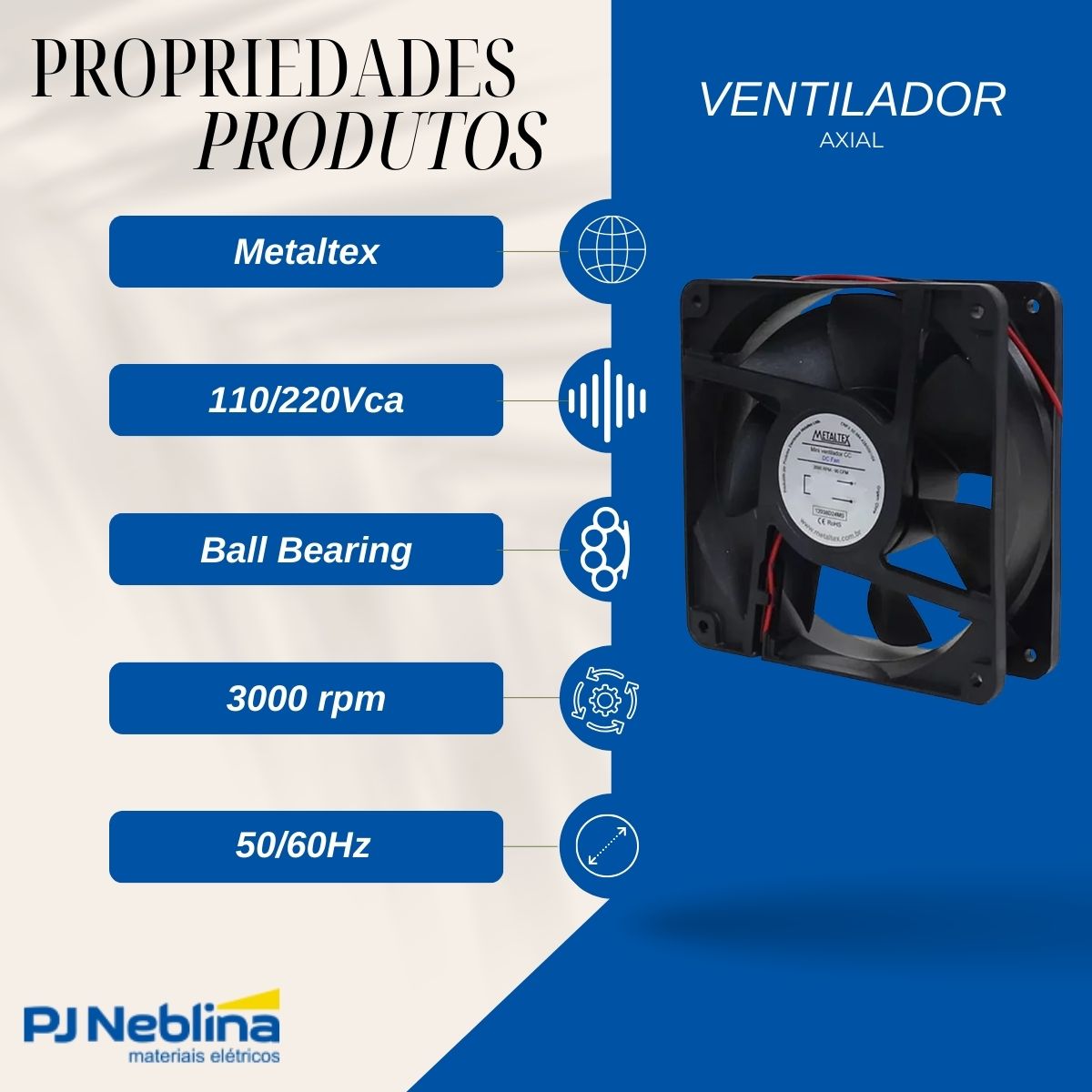 Ventilador 110/220Vca 120X120X38Mm Ball 3000Rpm - Metaltex