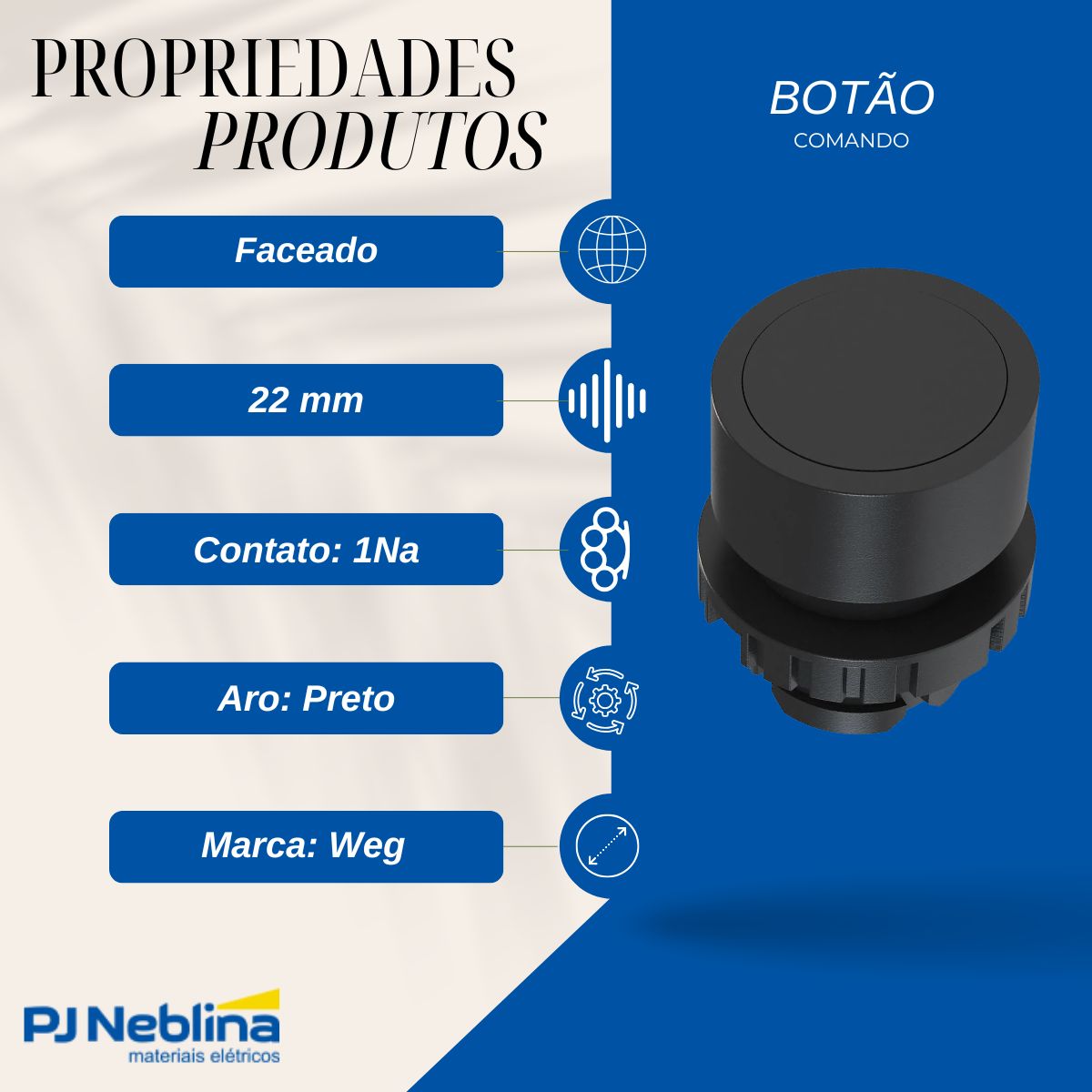 Botão Comando Pulsador Faceado Redondo 22 mm Plástico Preto 1Na - Weg