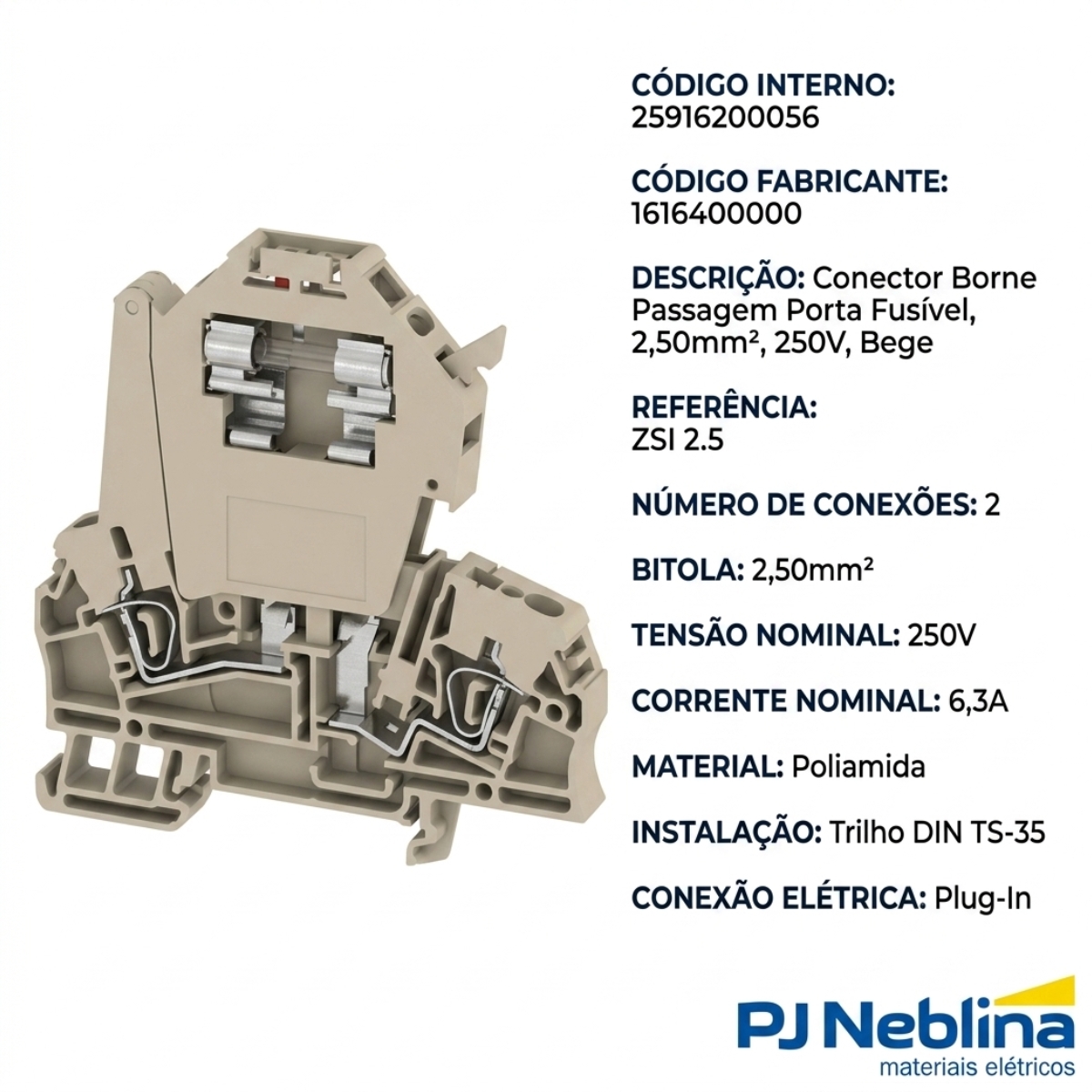 Conector Borne Passagem Porta Fusível 2 Conexões 2,50Mm 250V Bege - Conexel