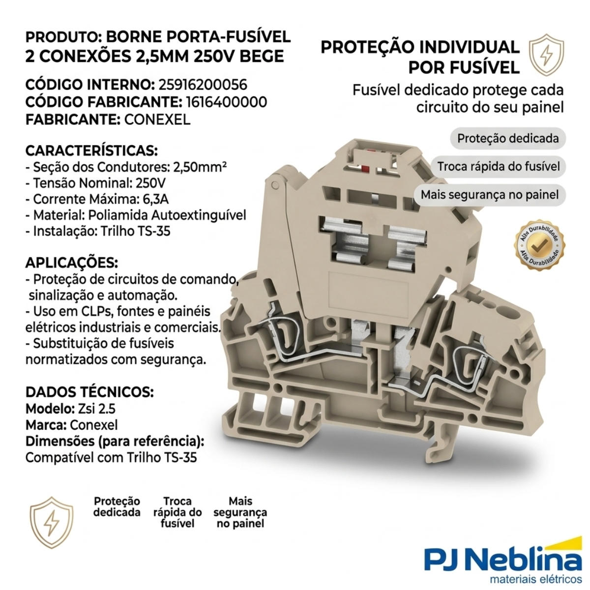 Conector Borne Passagem Porta Fusível 2 Conexões 2,50Mm 250V Bege - Conexel