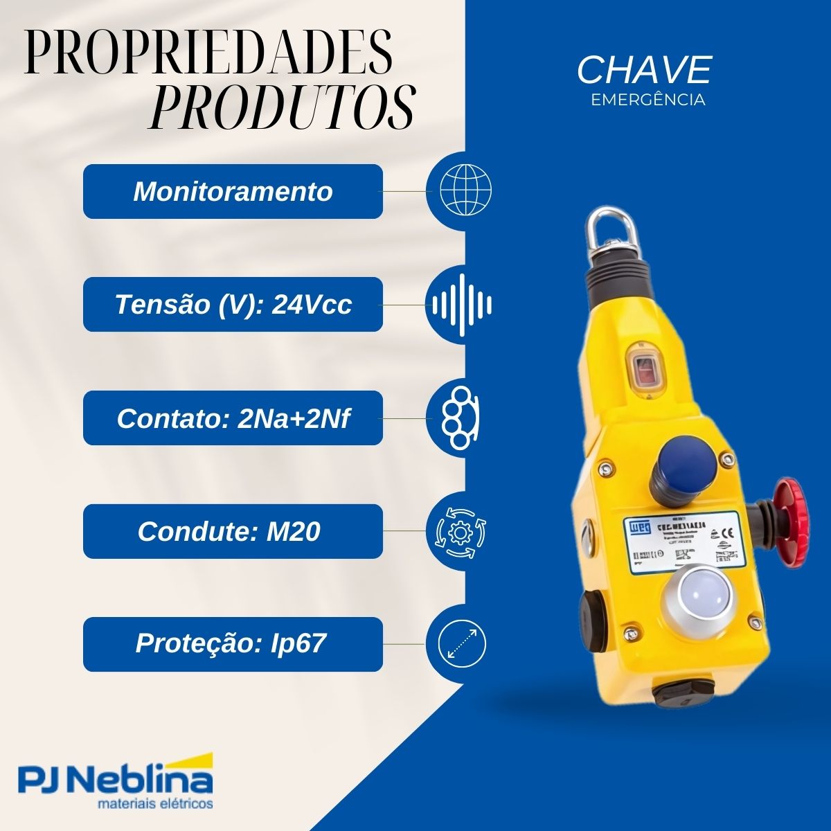 Chave Parada Emergência Monitoramento Cabo Ferro Fundido Amarelo 24Vcc 2Na+2Nf Ip67 Com Led - Weg