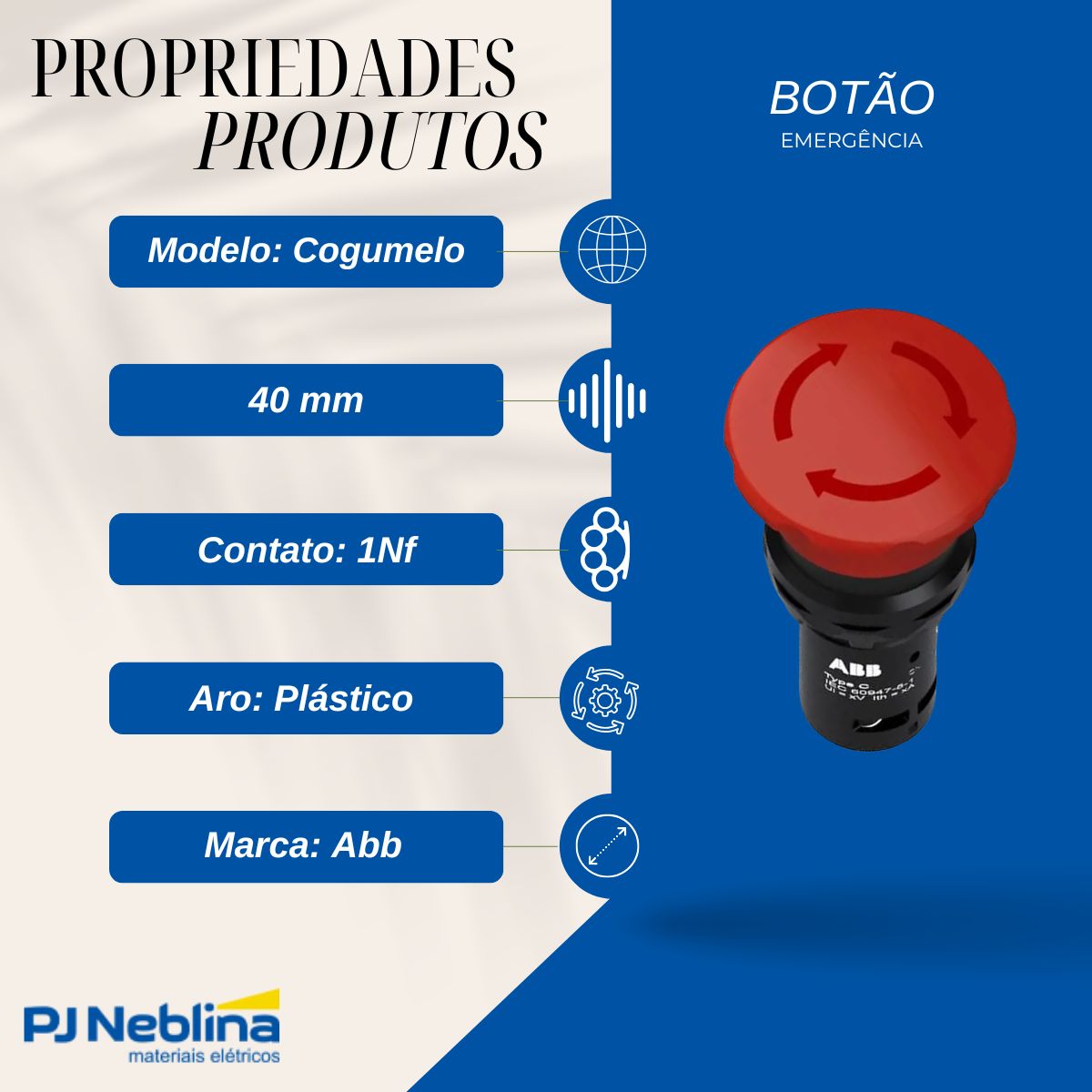 Botão Emergência Cogumelo 40Mm Girar Destr 22,5Mm Plástico Vermelho 1Nf - Abb