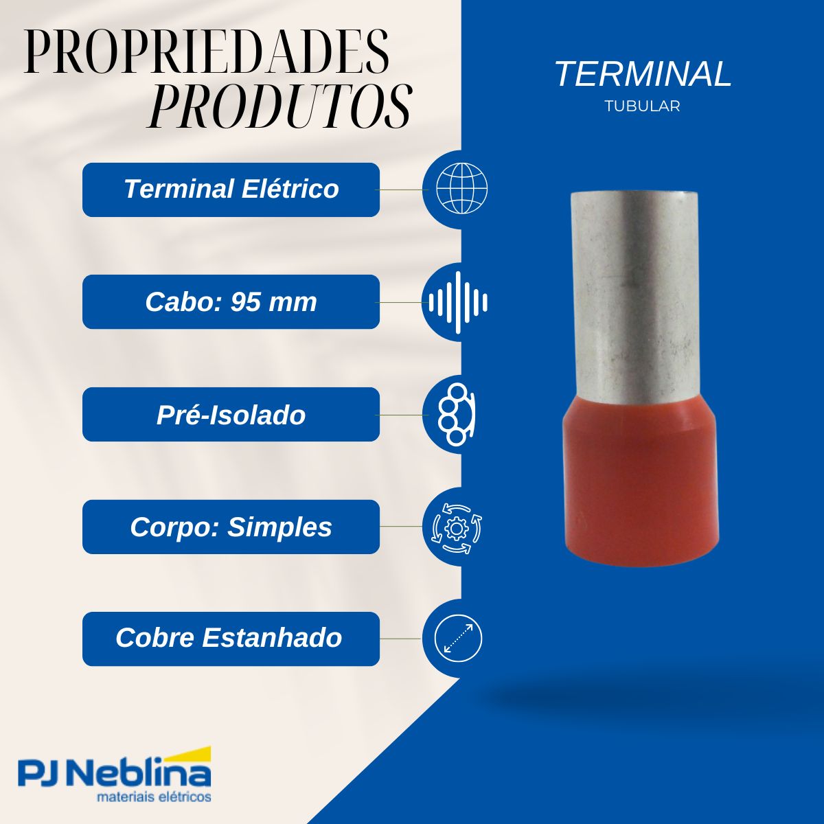 Terminal Tubular (ilhos) 95mm (3/0awg) Pre-isolado Vm