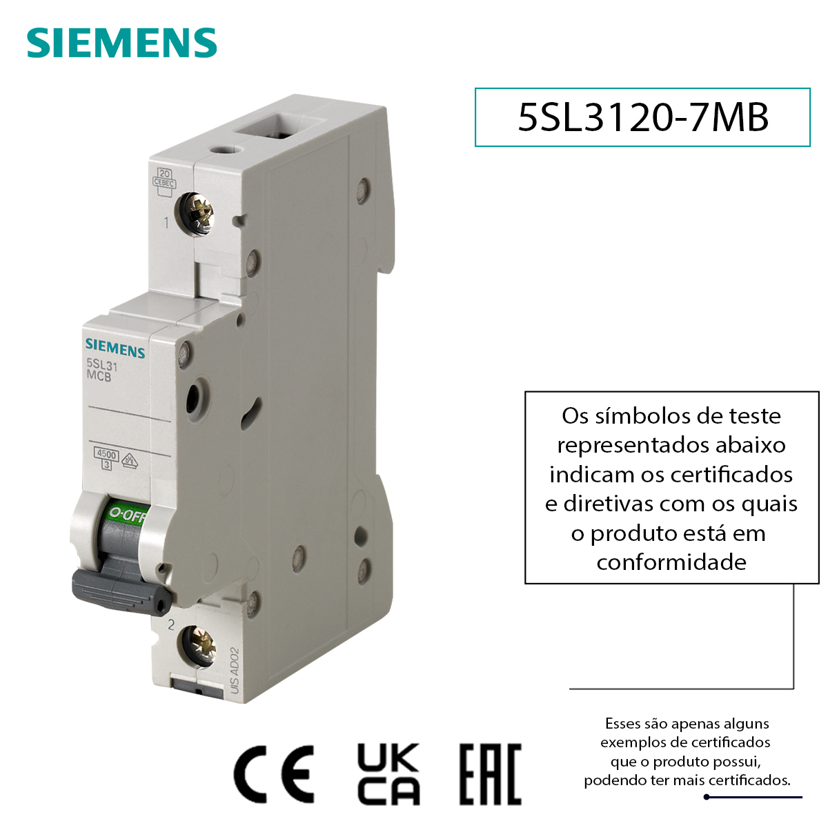 Disjuntor Mini Din Unipolar 20A Curva C 4,5Ka 220/380V 5SL31207MB Siemens