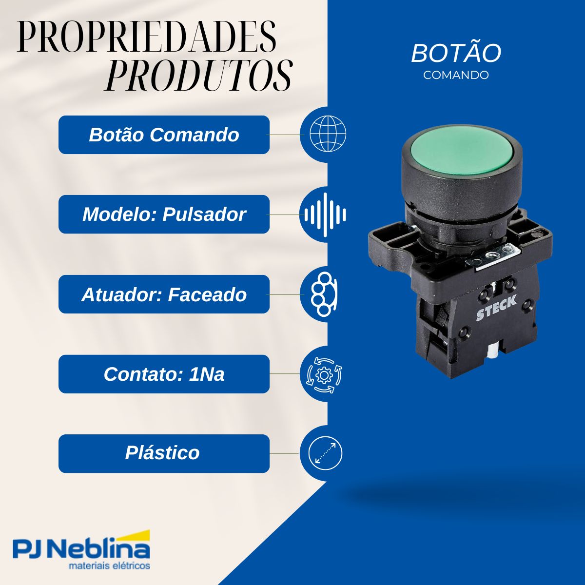 Botão Comando Pulsador Faceado Red 22,5 mm Plástico Verde 1Na - Steck