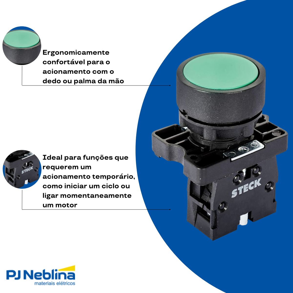 Botão Comando Pulsador Faceado Red 22,5 mm Plástico Verde 1Na - Steck