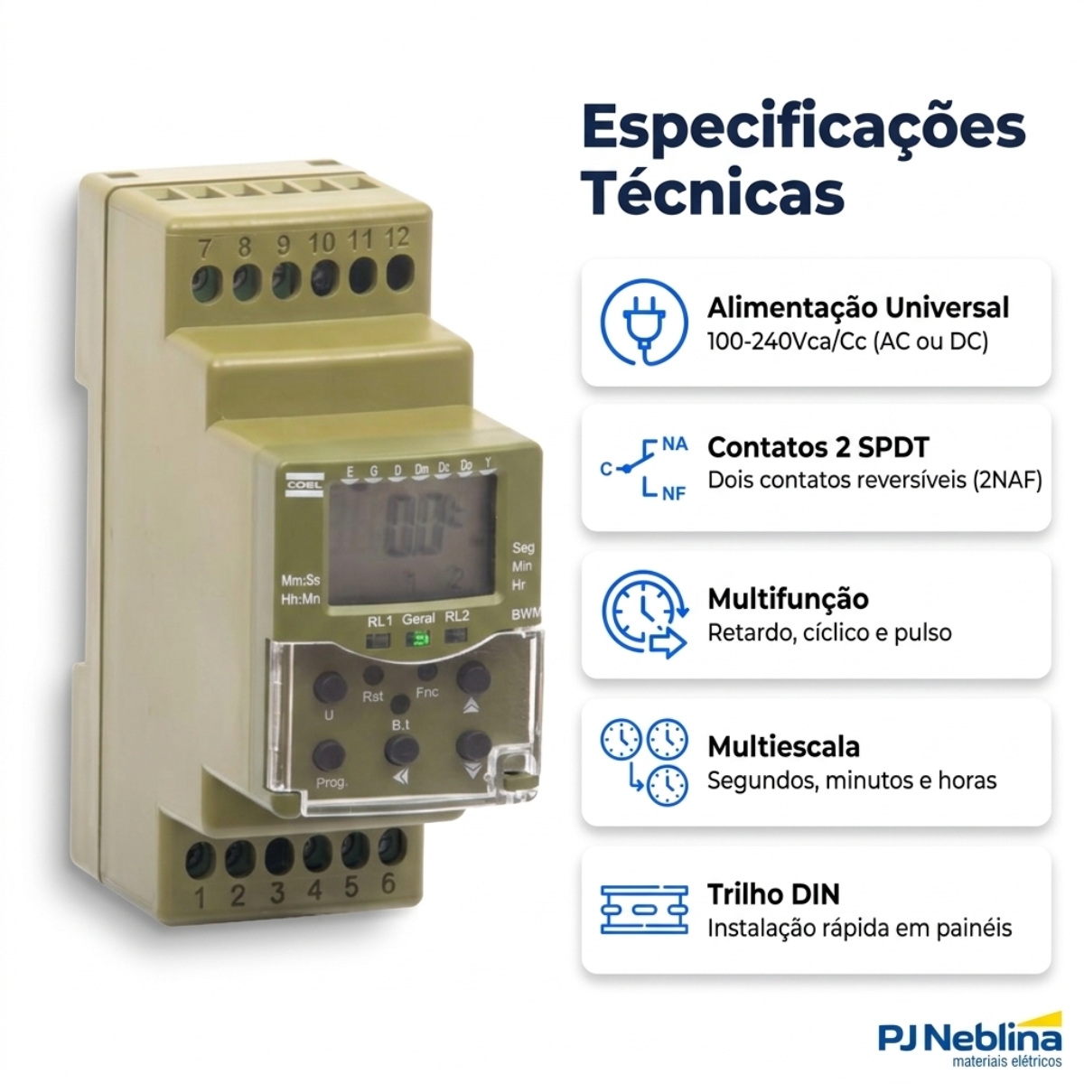 Rele Temporizador Digital Multifunção Multiescala 2 Spdt (2Naf) 100-240Vca/Cc - Coel