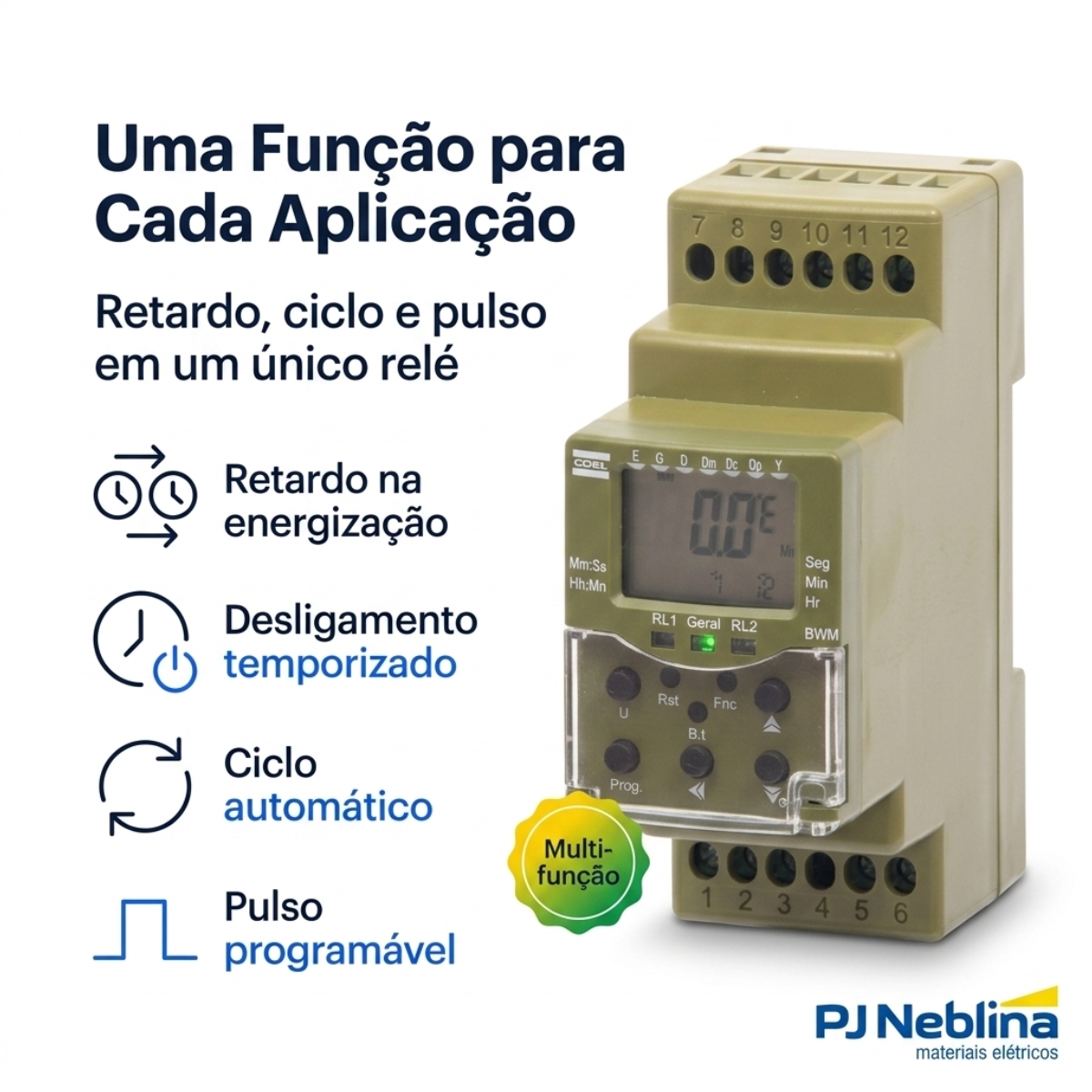 Rele Temporizador Digital Multifunção Multiescala 2 Spdt (2Naf) 100-240Vca/Cc - Coel