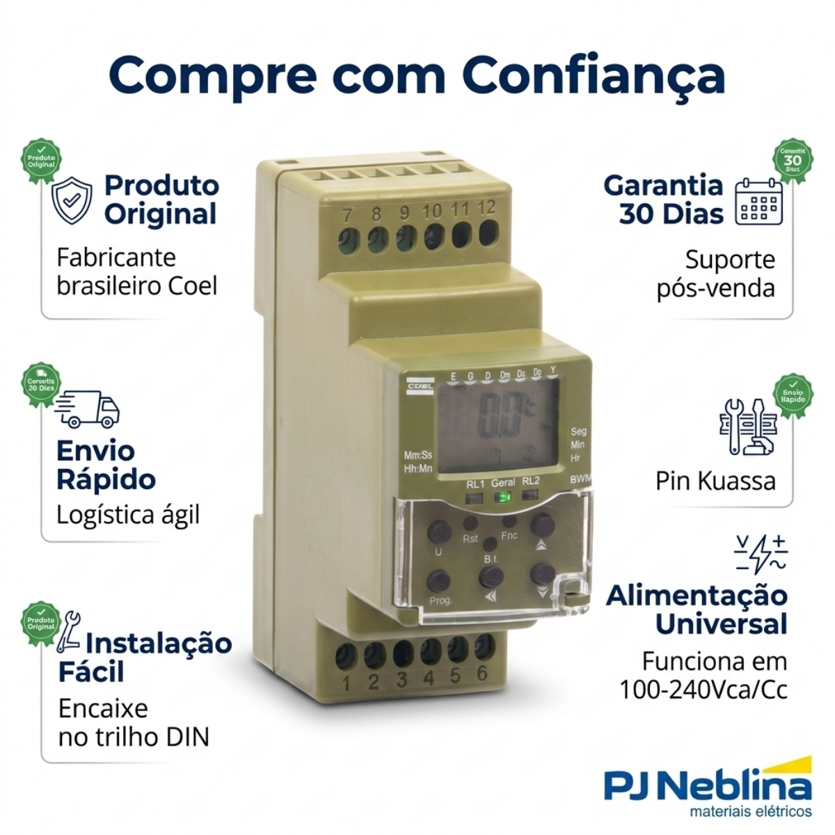 Rele Temporizador Digital Multifunção Multiescala 2 Spdt (2Naf) 100-240Vca/Cc - Coel