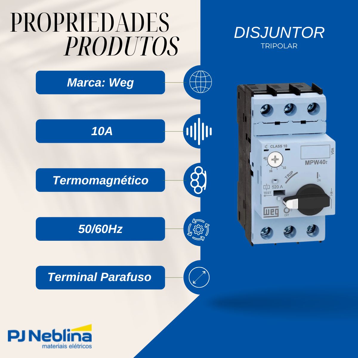 Disjuntor Motor Tripolar 10A 6,3-10A 6Cv 380/415V 50Ka 380/440V 50/60Hz - Weg