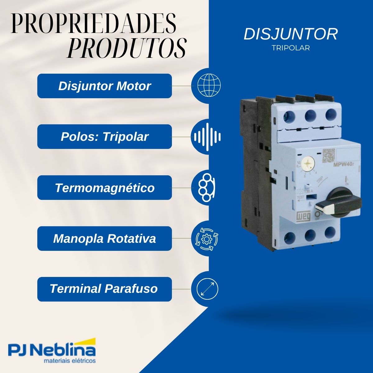 Disjuntor Motor Tripolar 6,3A 4-6,3A 3Cv 380/415V 100Ka 380/440V 50/60Hz - Weg