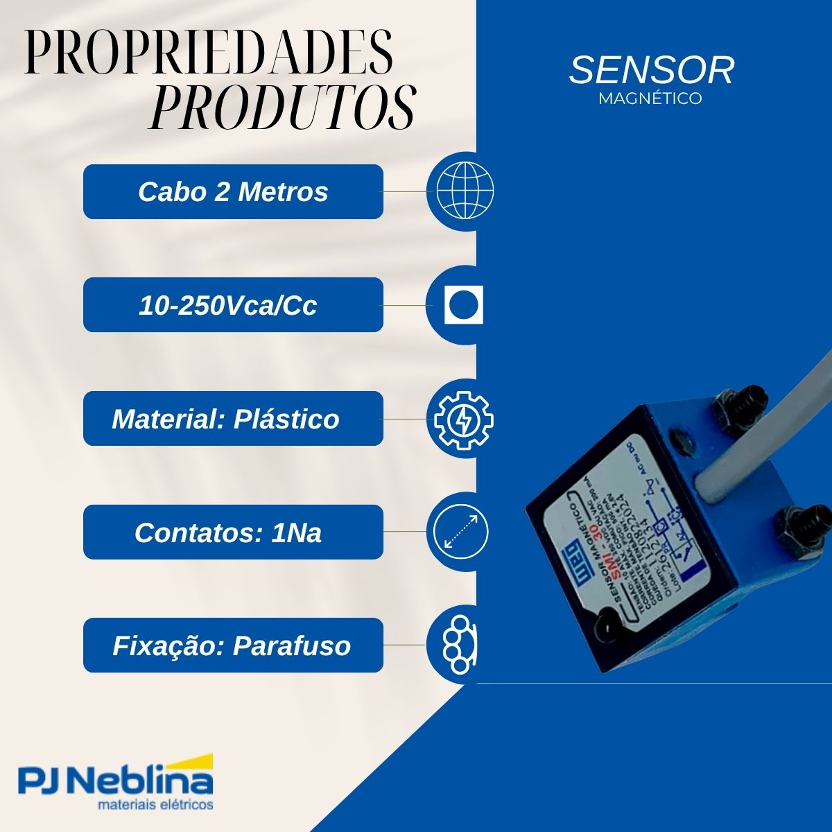 Sensor Magnético Cilindros Pneumáticos 10-250Vca/Cc 1Na Cabo 2 Metros Ip67 - Weg