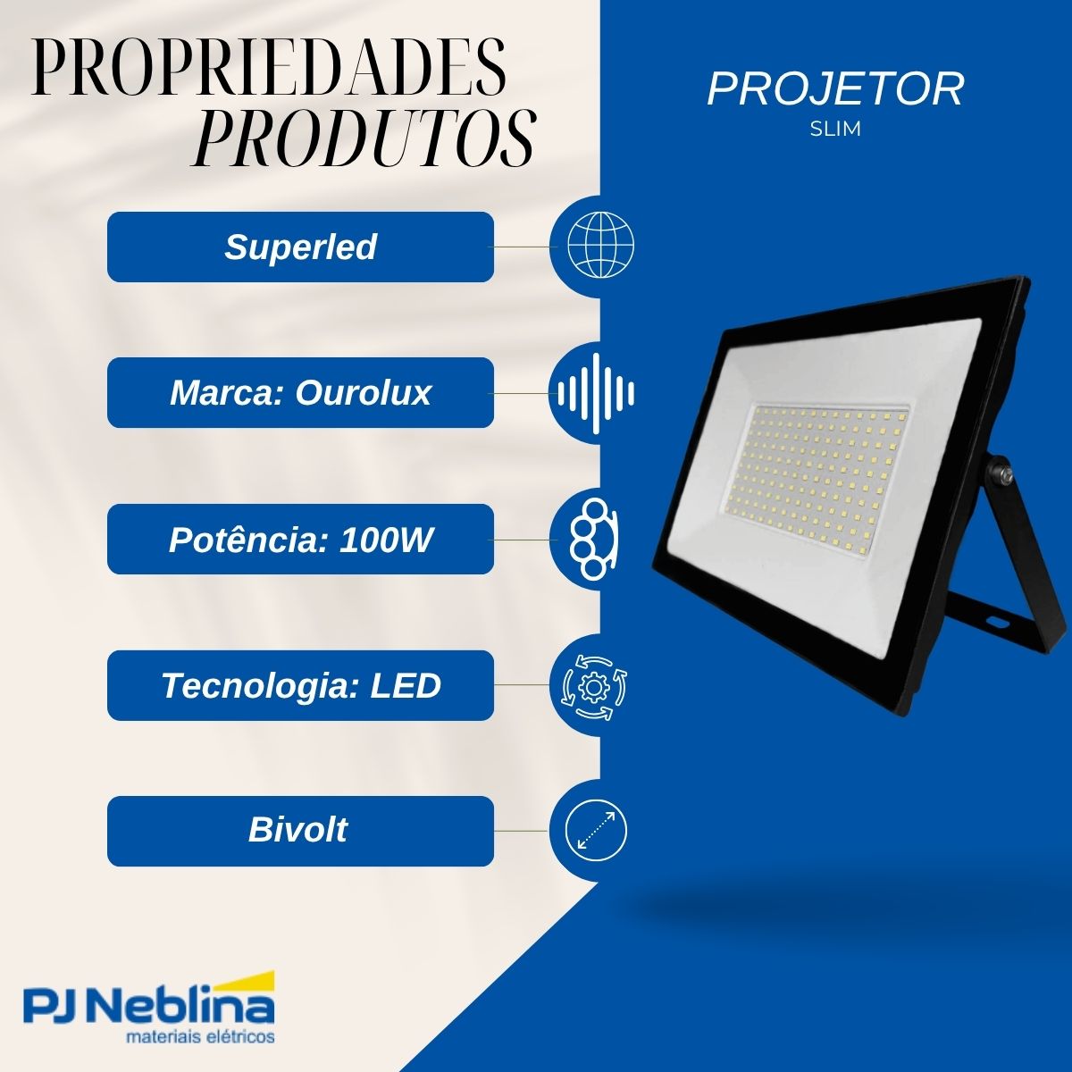 Projetor Superled Slim Bivolt 100W Preto - Ourolux