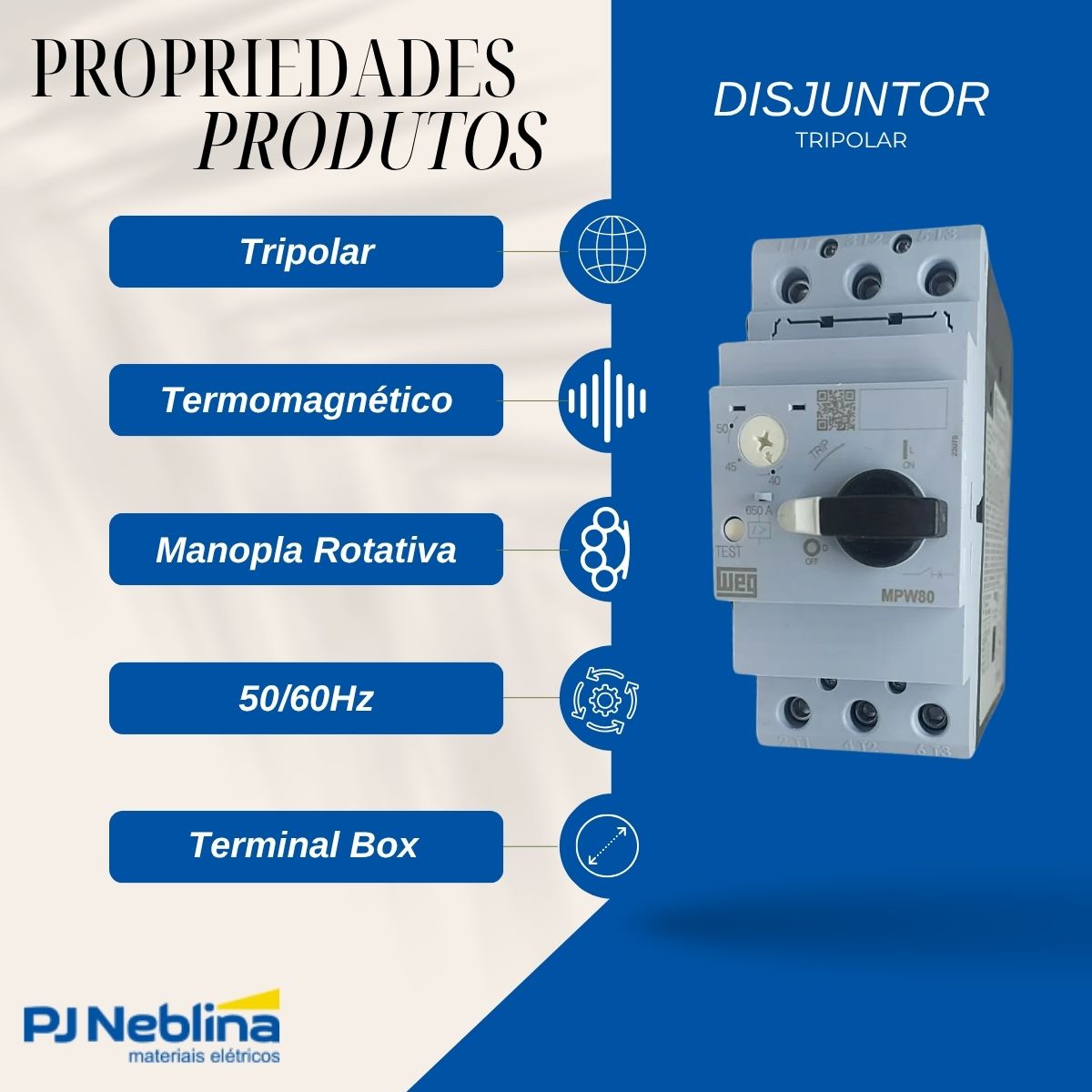 Disjuntor Motor Tripolar 50A 40-50A 22Kw 380/415V 65Ka 380/440V 50/60Hz - Weg
