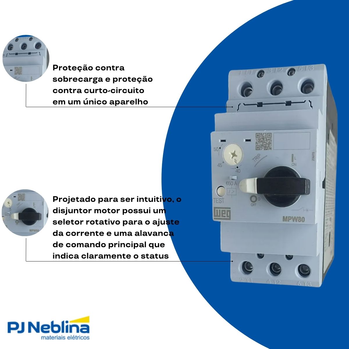 Disjuntor Motor Tripolar 50A 40-50A 22Kw 380/415V 65Ka 380/440V 50/60Hz - Weg
