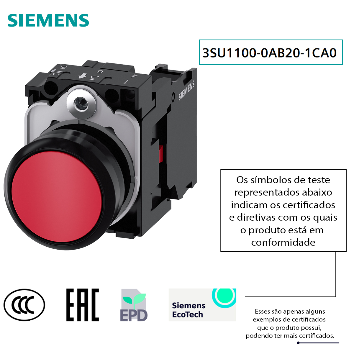 Botão Comando Pulsador Faceado Redondo 22mm Plástico Vermelho 1Nf 3SU11000AB201CA0 Siemens