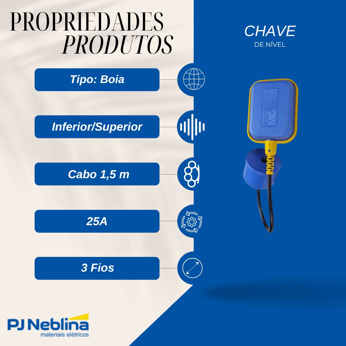 Chave Nível Boia Az/Lr Inferior/Superior 1 Rev 25A Cabo 1,5 m - Margirius
