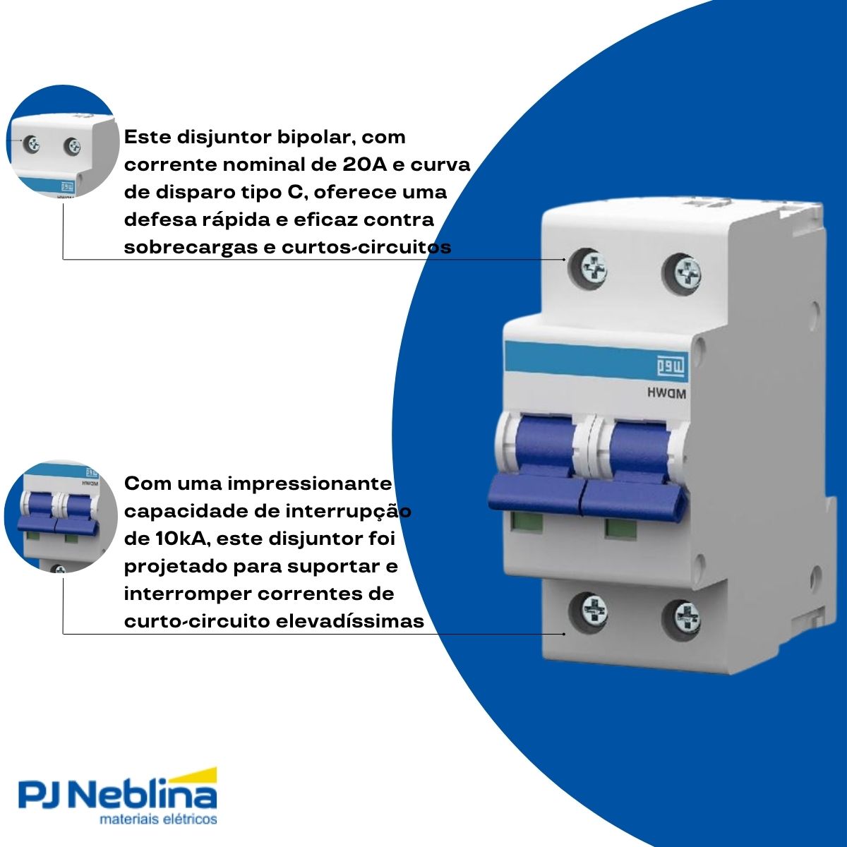 Disjuntor Mini Din Bipolar 20A Curva C 10Ka 230/400V - Weg