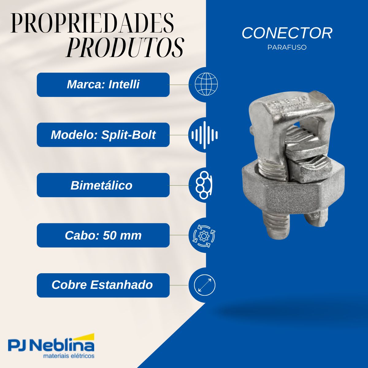 Conector Parafuso Fendido Split-Bolt Bimetálico 50Mm Cobre Estanhado - Intelli