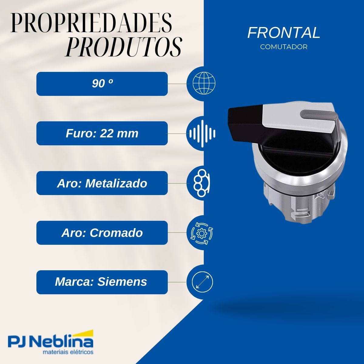 Frontal Comutador Knob Longo Iluminado 2 Posição Fixa 90G 22 mm Metálico Branco - Siemens