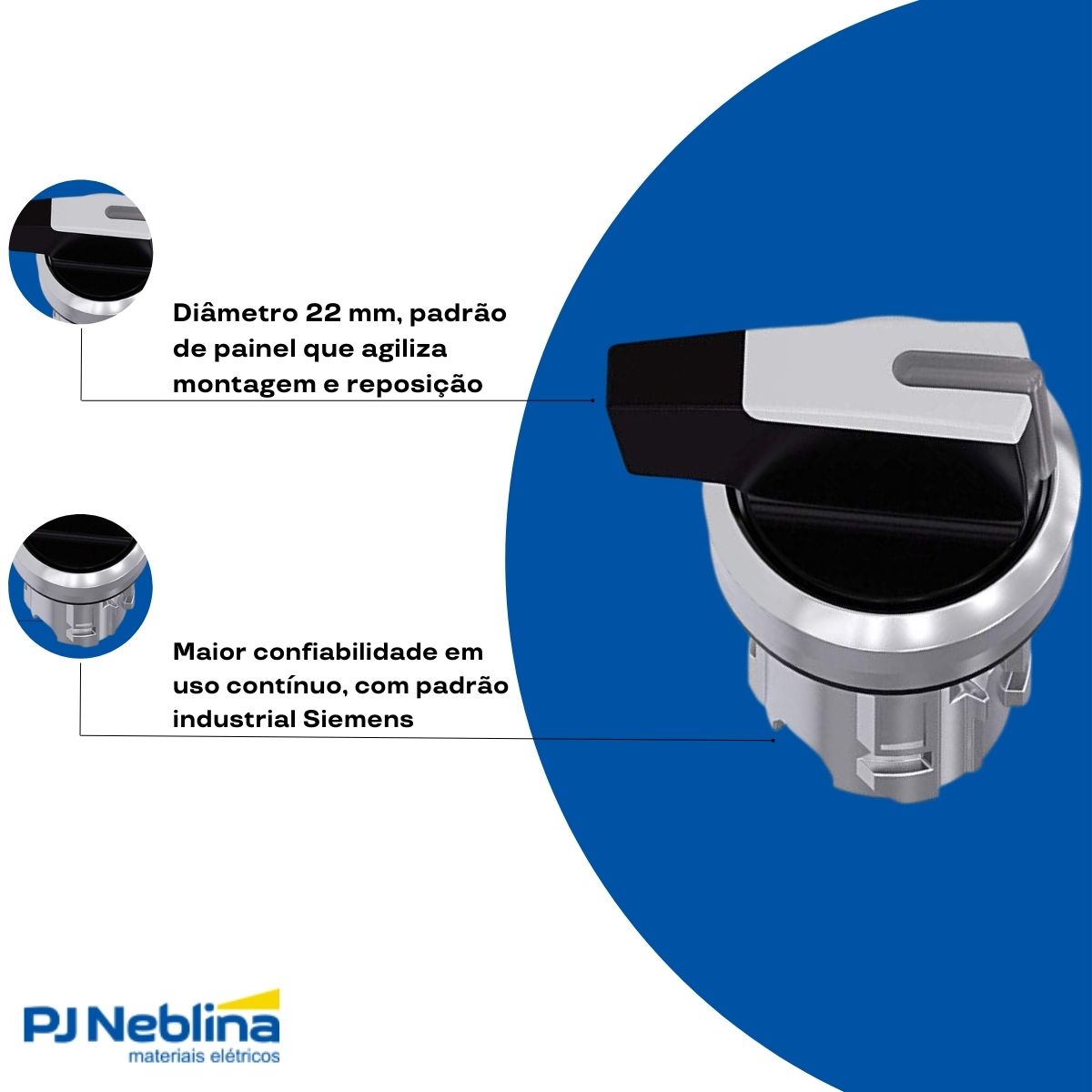 Frontal Comutador Knob Longo Iluminado 2 Posição Fixa 90G 22 mm Metálico Branco - Siemens