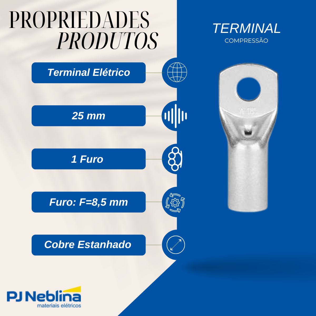 Terminal Compressao Boca Expandida 25mm 2 Compr 1 Furo F=8,5