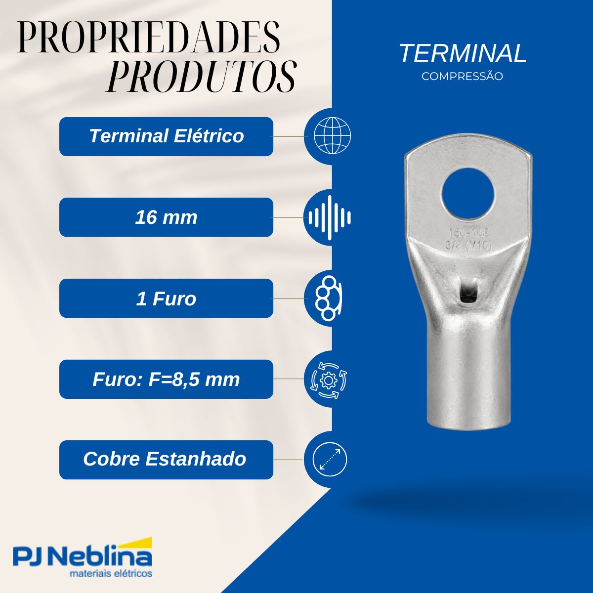 Terminal Compressao Boca Expandida 16mm 1 Compr 1 Furo F=8,5