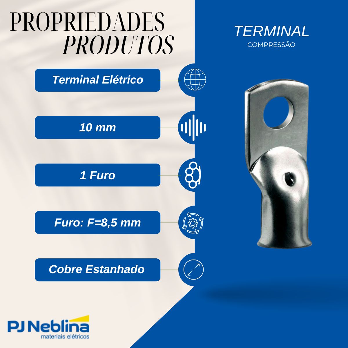 Terminal Compressao Boca Expandida 10mm 1 Compr 1 Furo F=8,5