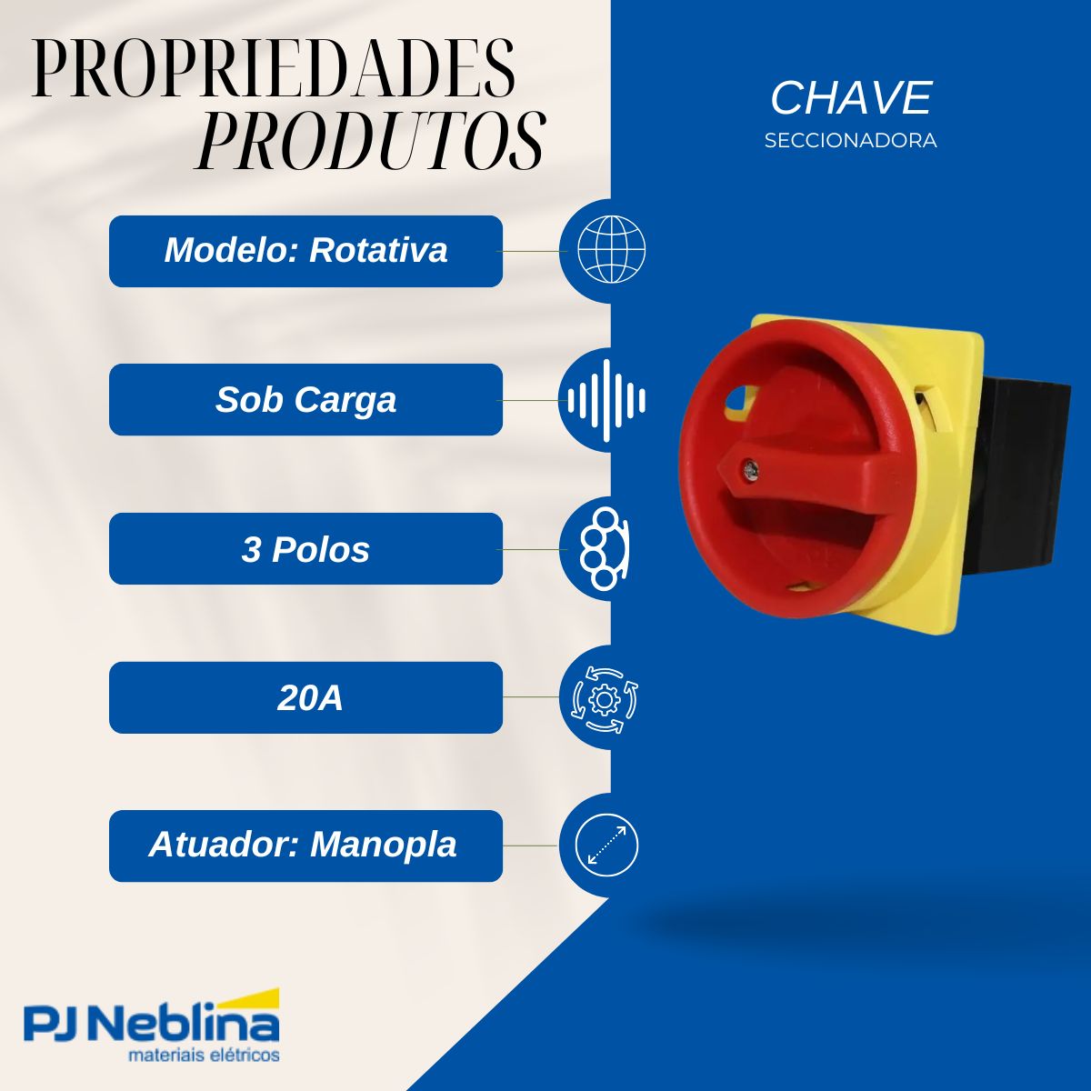 Chave Seccionadora Rotativa Sob Carga 3 Polos 20A Topo Manopla Vm/Am C/Trava Cadeado - Metaltex