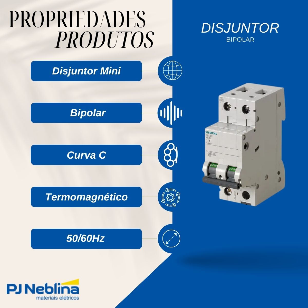 Disjuntor Mini Din Bipolar 63A Curva C 4,5Ka 220/380V - Siemens