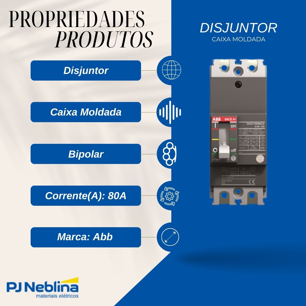 Disjuntor Caixa Moldada Bipolar 80A 36Ka 380/415V 50/60Hz - Abb